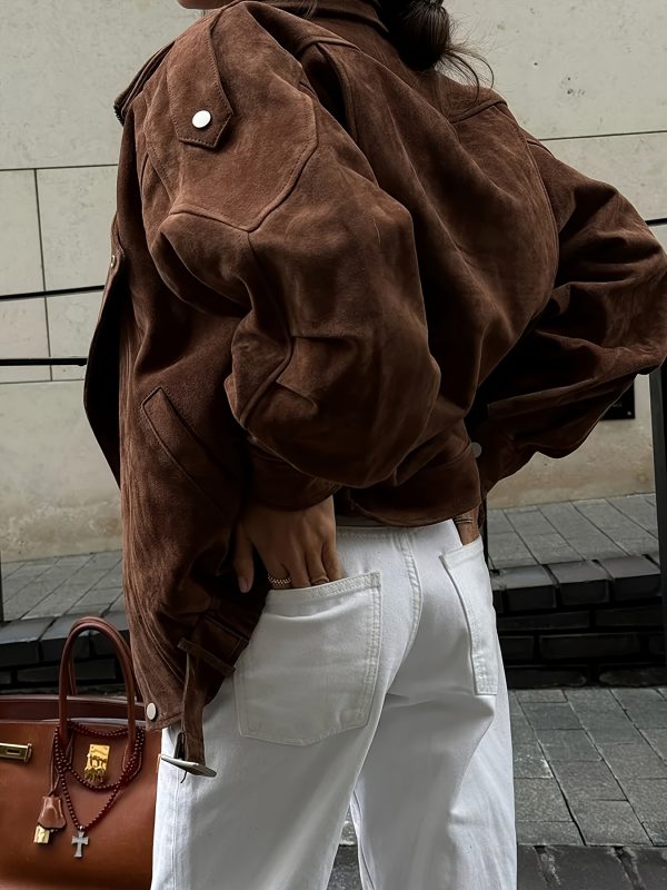 women's elegant brown jacket structured zipper front closure, non stretch outer for office, commute & formal events machine washable professional outerwear (springu002ffall essential), spring outerwear, turndown collar, suedelike texture