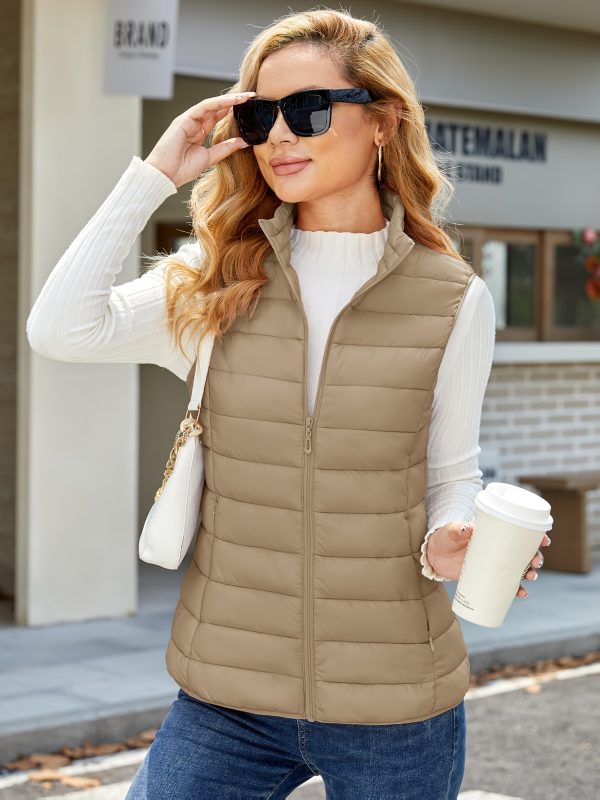 women's high quality windproof puffer vest lightweight nylon shell with stand collar & 4 zipper pockets, red outer layer for travel,, office machine washable all season jacket, outdoor, quilted design, durable construction, women