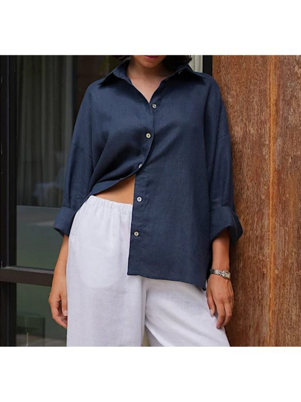 women's solid navy blue lapel collar shirt loose fit long sleeve single breasted button front, classic pointed collar & structured chest pocket, casual to semi formal versatile blouse for spring summer fall, comfortable everyday & special occasion wear