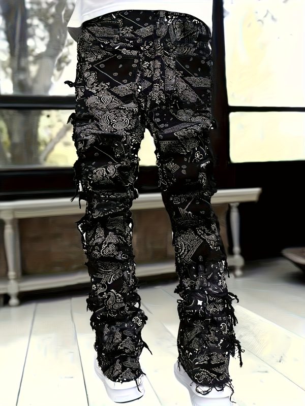 men's elastic waist, trendy fringed print distressed denim pants