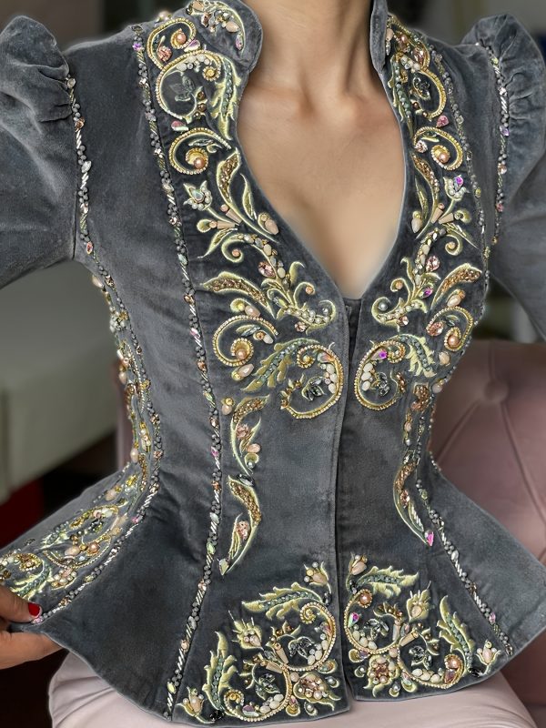 elegant floral deep v neck peplum long sleeve velvet blouse