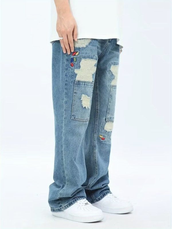 fashionable high street style ripped and patched jeans hip hop street embroidery straight casual pants
