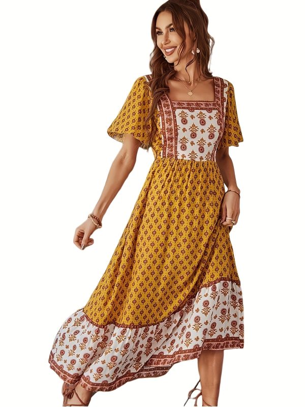 french printed square neck dress