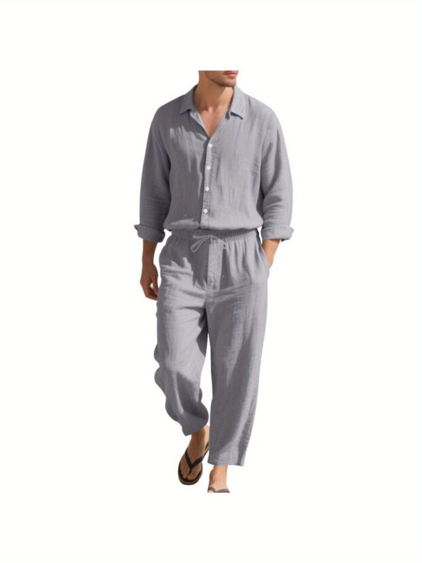1 set (2 pack) men's button lapel long sleeve shirt and pants set breathable fabric, elastic waistband drawstring perfect for beach vacations, outdoor adventures, summer travel, daily leisure sizes s to xxxl