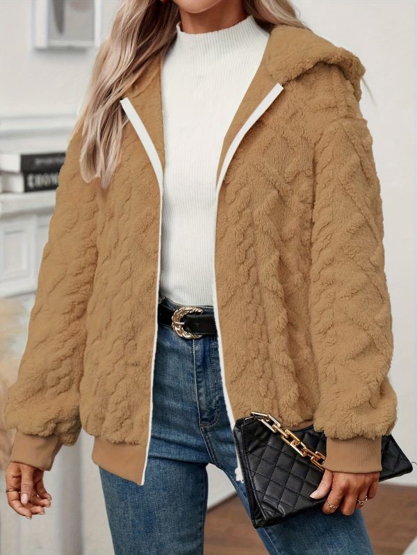 elegant hooded fleece coat with plush faux fur lining machine washable winter coat with zipper front & side pockets, solid color warm outerwear for adults