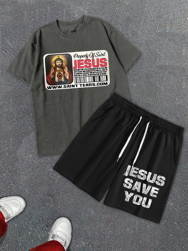 summer shorts short sleeve suit, jesus postcard printed street style two piece costume, men's t shirt and drawstring shorts suit with pocket, quick drying sports suit, comfortable and breathable, street costume y2k.