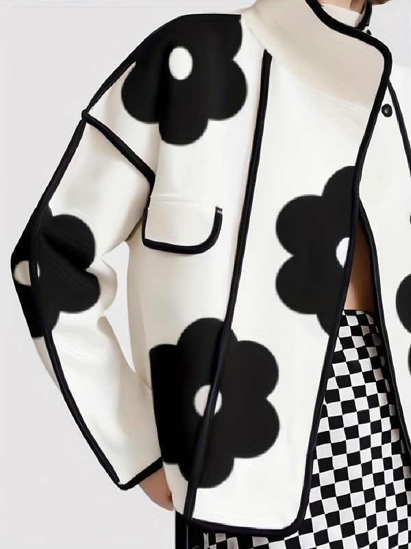 women's floral print stand up collar jacket black and white contrasting casual long sleeved jacket, single breasted front with slit design, loose fit suitable for office, urban and retro styles (springu002fautumn), autumn layered outerwear, modern stre