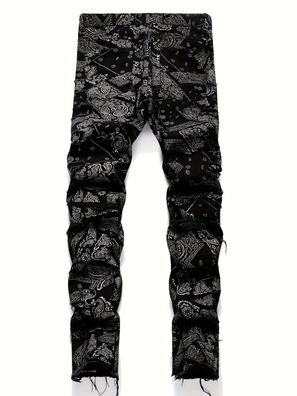 men's elastic waist straight leg loose fit jeans with red paisley print & frayed hem streetwear style, machine washable, all season comfort, casual streetwear