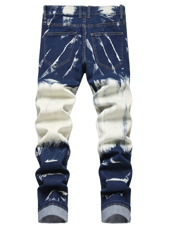 men's streetwear distressed destroyed slim fit straight leg ripped jeans two tone blue & denim pants with built in zipper, all season casual wear, low rise jeans