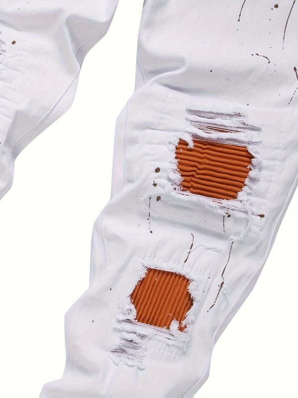 men's white casual jeans; splashed white pants; torn patchwork tattered white denim trousers.