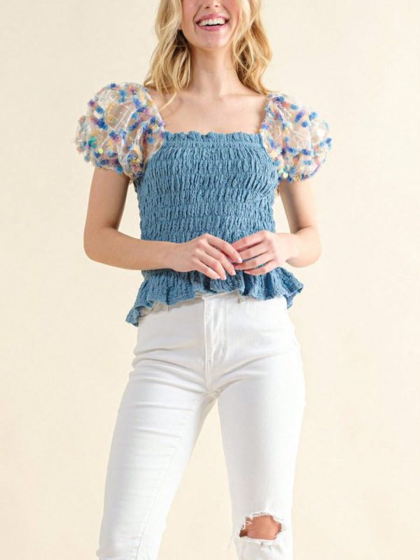 womens casual smocked romantic chic floral mesh puff sleeve ruched peplum top blue sweetheart neckline fitted bodice shirred texture spring summer date night party blouse