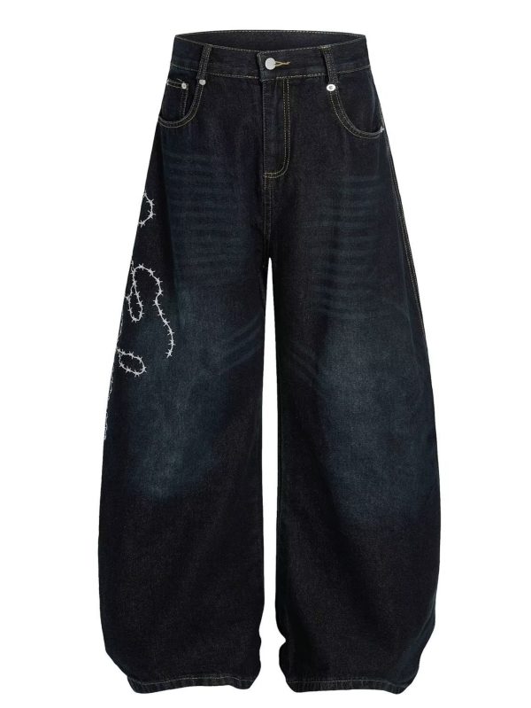 american retro design, thorny rose embroidered jeans for couples, high waisted hip hop floor length curved knife pants for both men and women