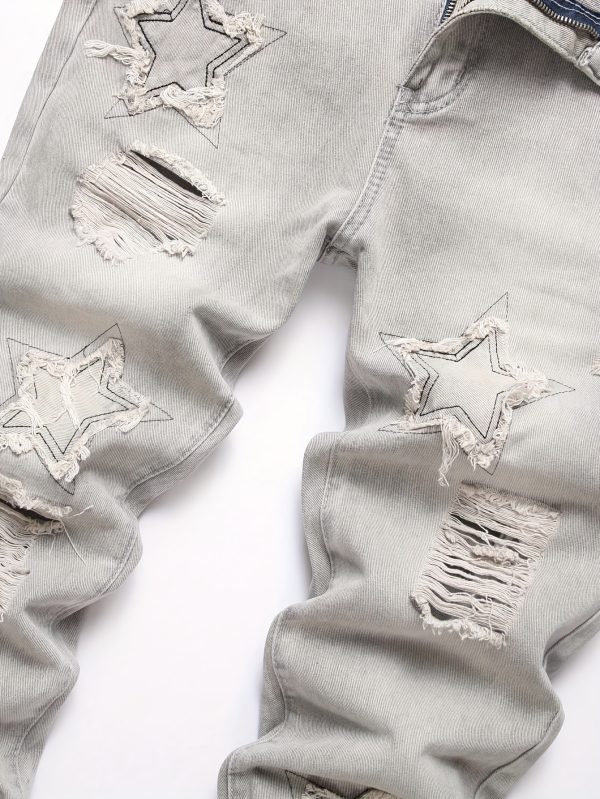 men's straight leg distressed jeans with ripped holes & star patches mid rise denim casual pants, machine washable summer streetwear for adults, casual attire pants | trendy men's jeans | ragged hem design, ripped jeans
