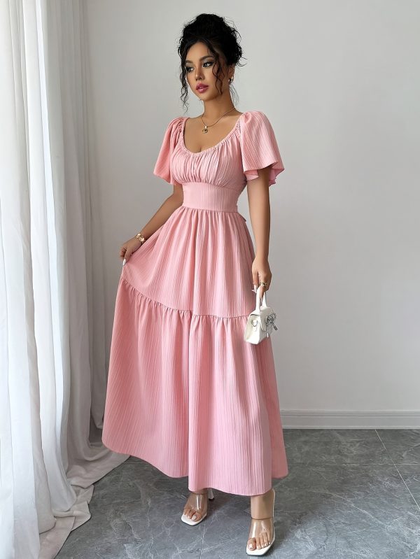 women's new textured fabric a line dress with ruffled sleeves, bow back design, waist hugging, elegant and charming summer date dress