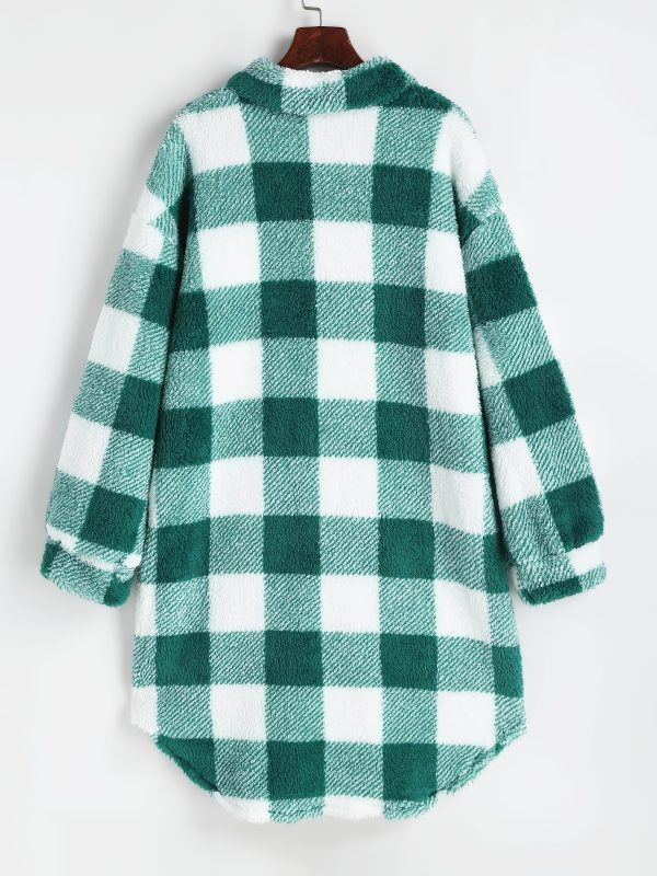 chic women's plaid fleece coat casual long jacket with button detail, machine washable perfect for fallu002fwinter