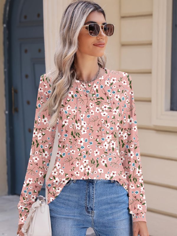 women's casual small floral round neck chest pleated versatile basic long sleeved top