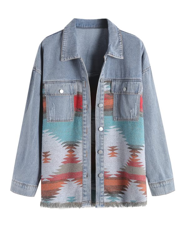 women's southwestern aztec print fringe accent shackles button shirt jacket turquoiseu002forangeu002fredu002fblacku002fwhite, machine washable casual to semi formal outerwear, all season layering piece