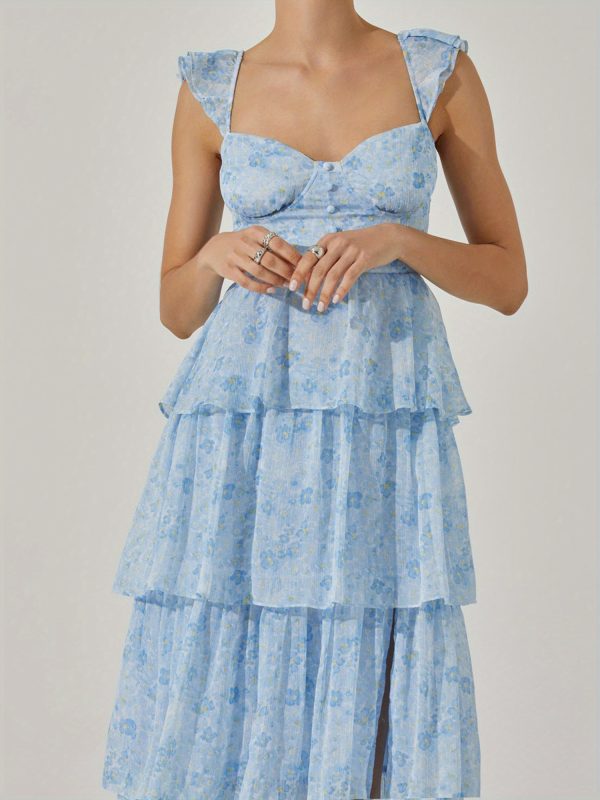 women's floral dress stylish multi layered ruffles split cap sleeve long a line dress for spring summer