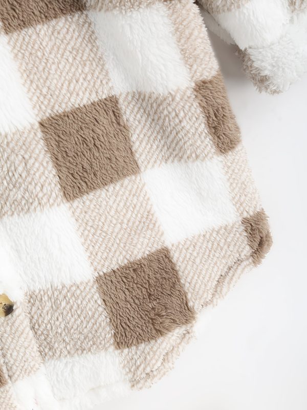 chic women's plaid fleece coat casual long jacket with button detail, machine washable perfect for fallu002fwinter