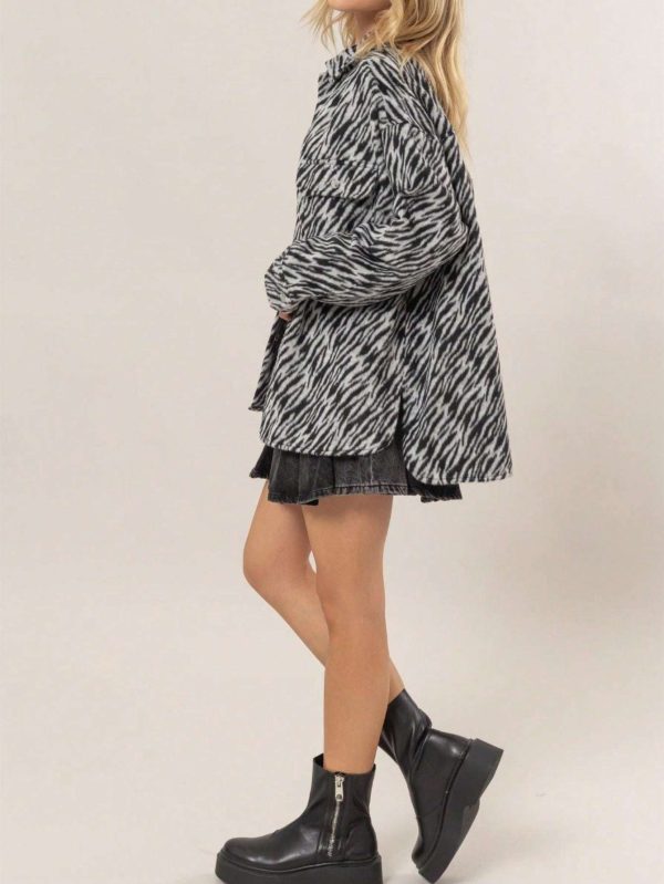 women's casual jacket chic zebra print snap outerwear top camel polyester blend long sleeve with button up closure, oversized fit collared neck hip length perfect for fallu002f winter layered street style or casual outings