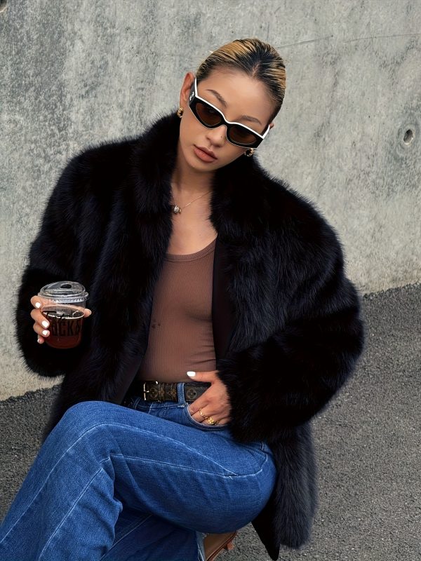 elegant women's autumn and winter new style black fox fur coat, and warm thick fur mid length outerwear, fashionable holiday outfit.