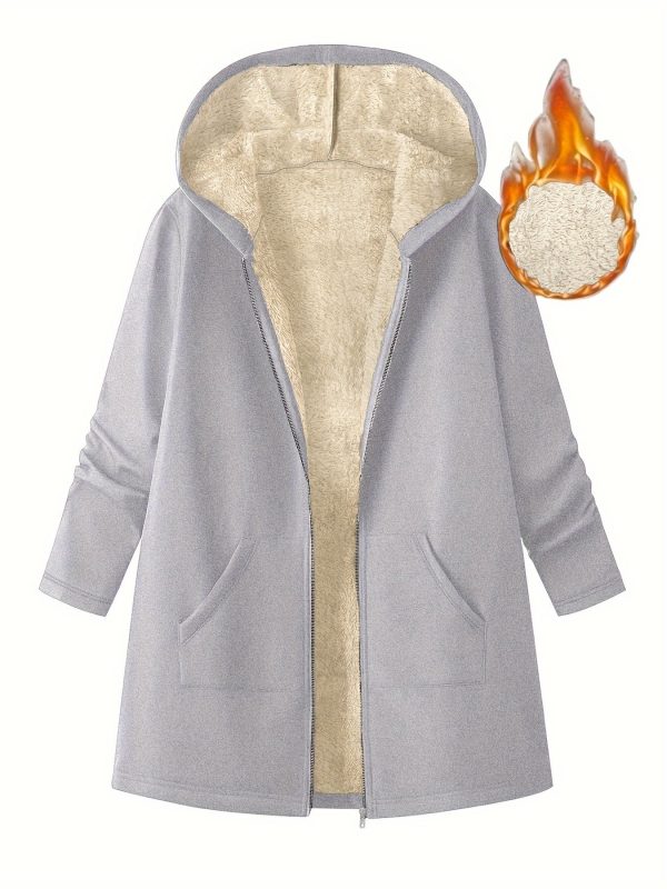 women's mid length hooded jacket cozy fleece lined casual outerwear with zipper closure, loose fit, solid color, long sleeve, perfect for fallu002fwinter, cozy fall jacket | hooded sweater | zippered jacket