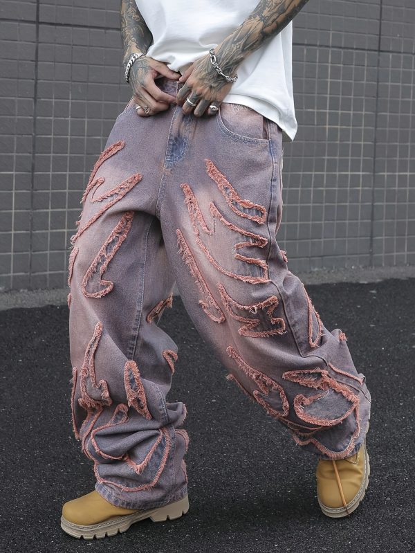 a pair of men's vintage hip hop style niche design loose denim pants, featuring tasseled fringes, distressed gradient wash wide leg pants (excluding beltu002faccessories), suitable for all seasons.