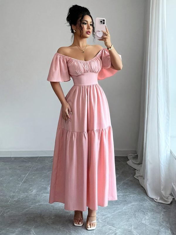 women's new textured fabric a line dress with ruffled sleeves, bow back design, waist hugging, elegant and charming summer date dress