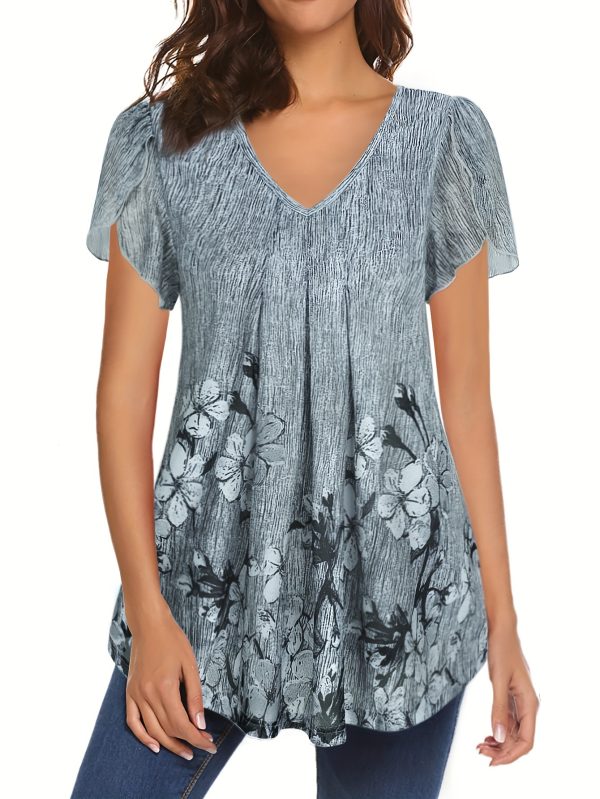 women's elegant floral print v neck blouse short sleeve, semi sheer mesh fabric, perfect for springu002fsummeru002ffall, machine washable, floral print blouse