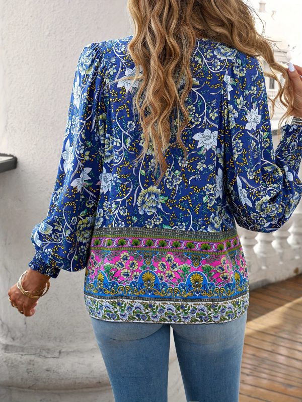 vibrant bohemian floral print v neck blouse for women chic long sleeve relaxed fit clothing for all seasons perfect for casual daily wear, outdoor activities & vacations