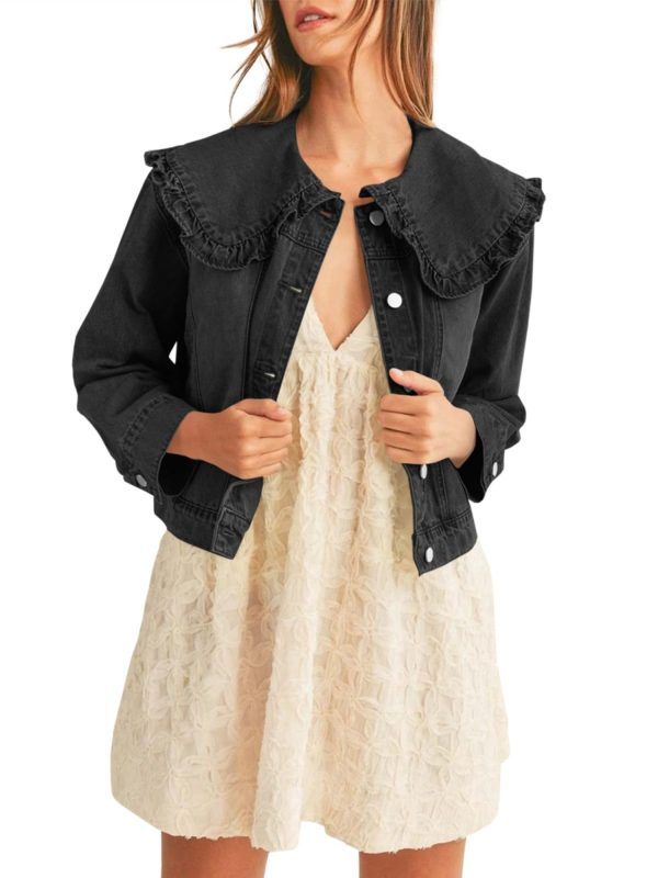 women's casual denim jacket long sleeve, collared shirt coat with pockets, machine washable