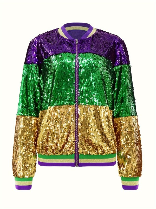 color block sequins long sleeve jacket, casual full zip jacket for spring & fall, women's clothing