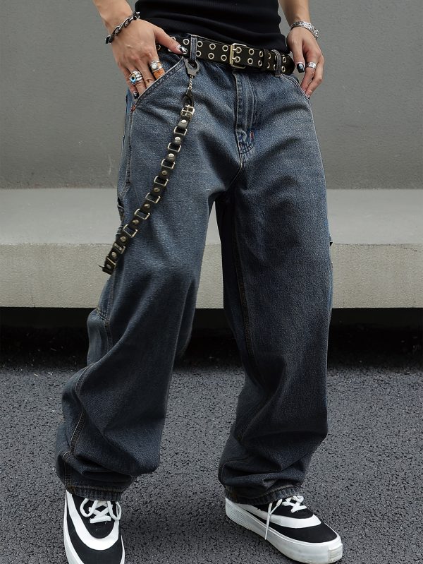 men's vintage carpenter jeans y2k streetwear loose fit wide leg cargo denim with geometric pattern, mid rise, machine washable & super long length for all season casual wear, urban fashion, retro style, classic wash, urban style