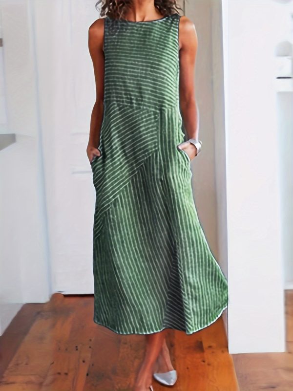 women's striped tank dress sleeveless round neck midi with pockets, casual summer wear, machine washable