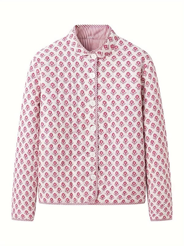 women's y2k floral quilted jacket double sided print, mock neck, long sleeve button coat, casual fallu002fwinter outerwear, machine washable, green & beige floral design, cute jacket
