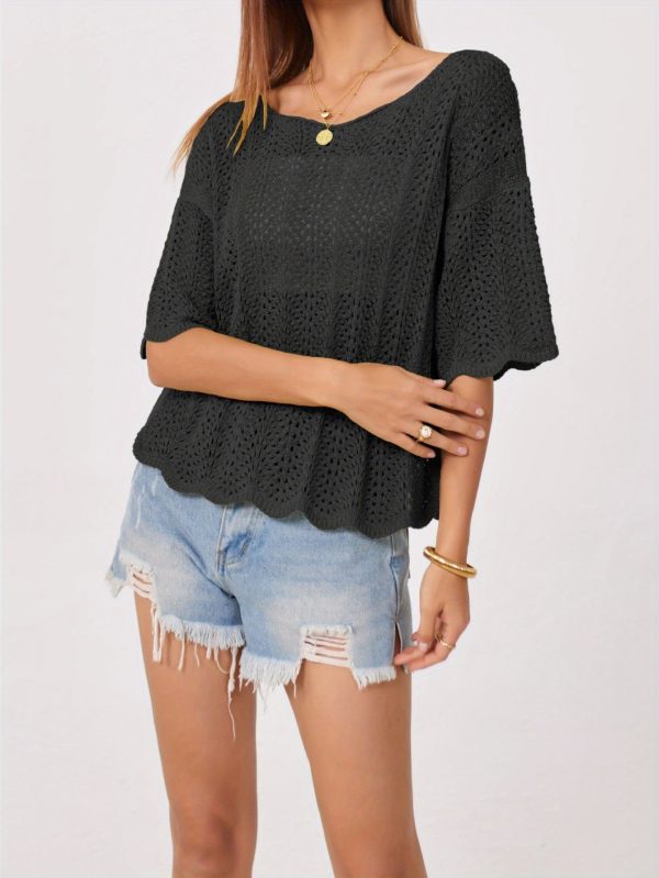 women's light green crochet top loose fit, round neck, short sleeve, summer casual blouse with ruffled hem, perfect for beach or vacation, beachwear blouse | ruffled hem top | crochet texture