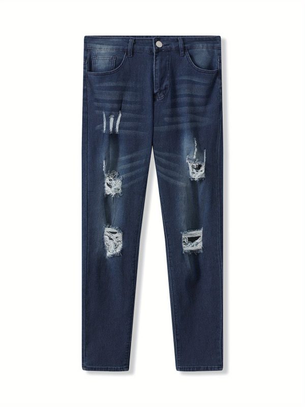 men's skinny high waisted stretch denim jeans lightweight ripped distressed blue washed pants with white torn details, all season casual streetwear trousers for men, machine washable slim fit jeans