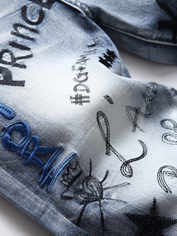european and american trendy men, hip hop street style, daily super bull, front and back heavy work embroidery, stretch slim fit, small straight jeans, men