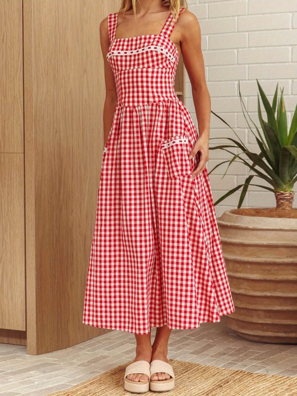 women's summer long cami dress sleeveless open back plaid beach dress with 2 pockets