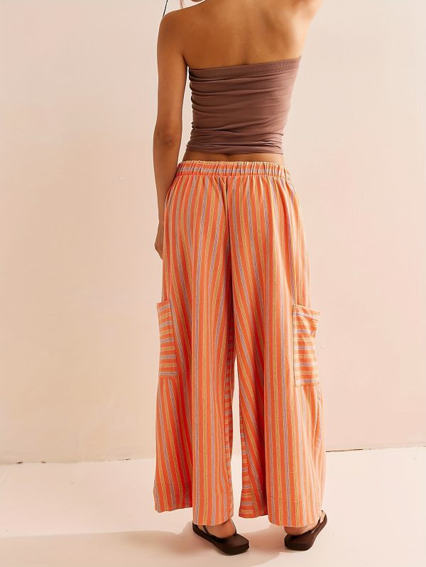 women's lightweight loose wide leg palazzo pants casual elastic drawstring waist with dropped pockets, green & white striped 100% polyester trousers for springu002fsummer outings, spring attire, fashionforward look, comfortable fit