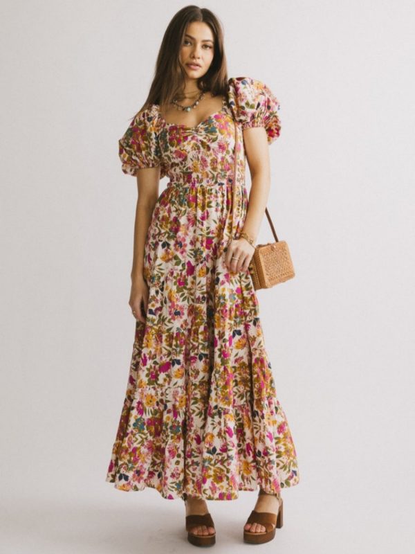 summer puff sleeve waist pleated elegant slim dress perfect for everyday vacation seaside parties