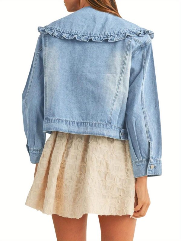 women's casual denim jacket long sleeve, collared shirt coat with pockets, machine washable