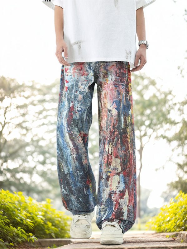 men's graffiti jeans with splashed ink and camouflage design, straight leg pants, comfortable, versatile, casual, high quality, abrasion resistant long trousers