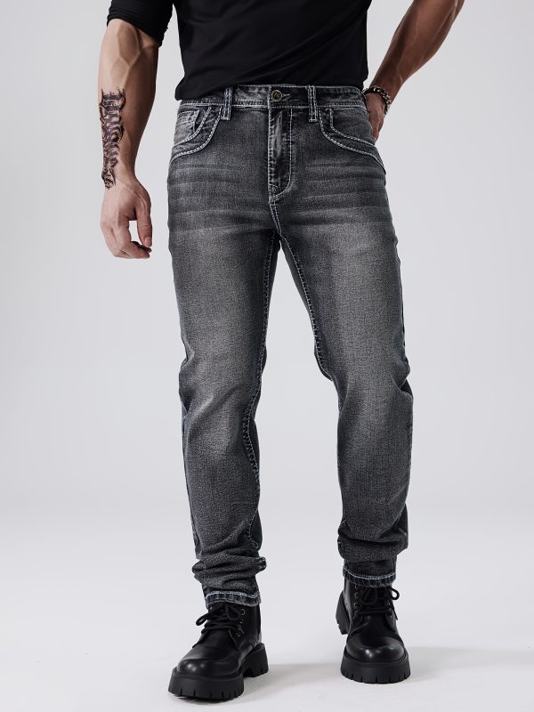 men's classic thick thread embroidery slim elastic four season jeans, esdvq