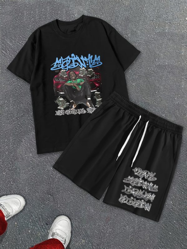 summer shorts short sleeve suit, rock hip hop printed street style two piece costume, men's t shirt and drawstring shorts suit with pocket, quick drying sports suit, comfortable and breathable, street costume y2k.