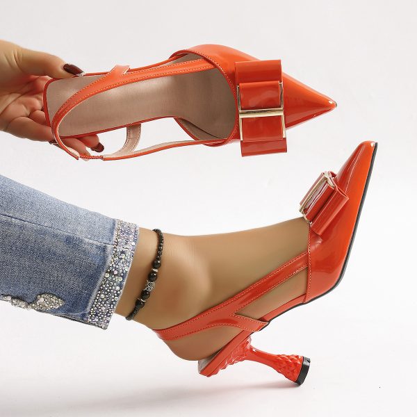 women's elegant bow decorated pointed toe sandals with ultra high pineapple heel slip on rear ankle strap, vibrant orange synthetic cover, lightweight tpu sole for office & party summer footwear, evening wear, stylish finish, fashion lovers