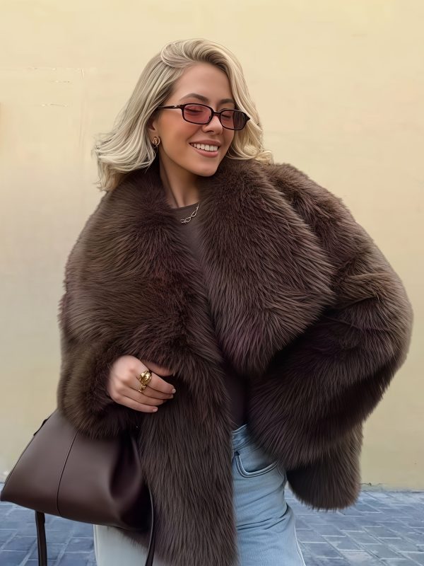 women's elegant faux fur coat plush brown winter coat with pockets, long sleeves, and golden tone button details, perfect for fallu002fwinter casual wear, casual winter wear | plush faux fur | buttoned front coat