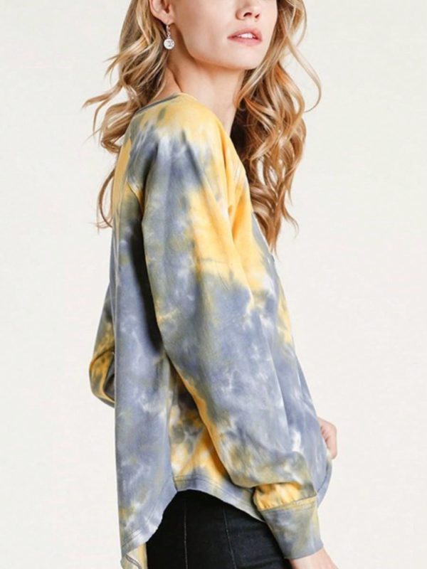 womens casual tie dye boho chic relaxed fit oversized pullover sweatshirt yellow grey cloud pattern long sleeve crew neck lightweight breathable fall spring weekend loungewear top