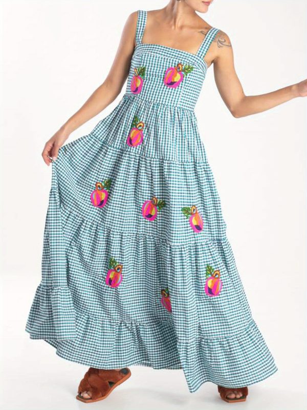 sleeveless square neck embroidered tiered midi slip dress for women