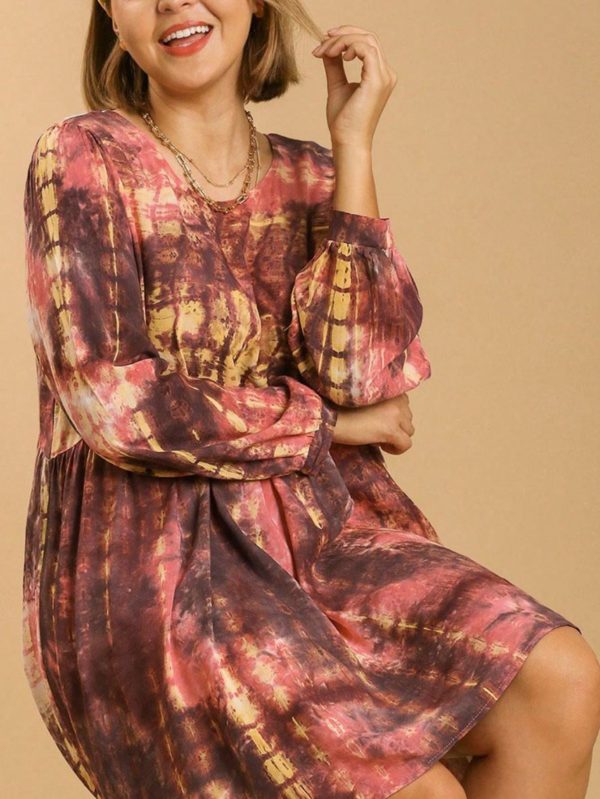 womens casual boho chic tie dye pattern empire waist babydoll mini dress yellow brown pink long balloon sleeve round neck loose flowy fall spring daily wear